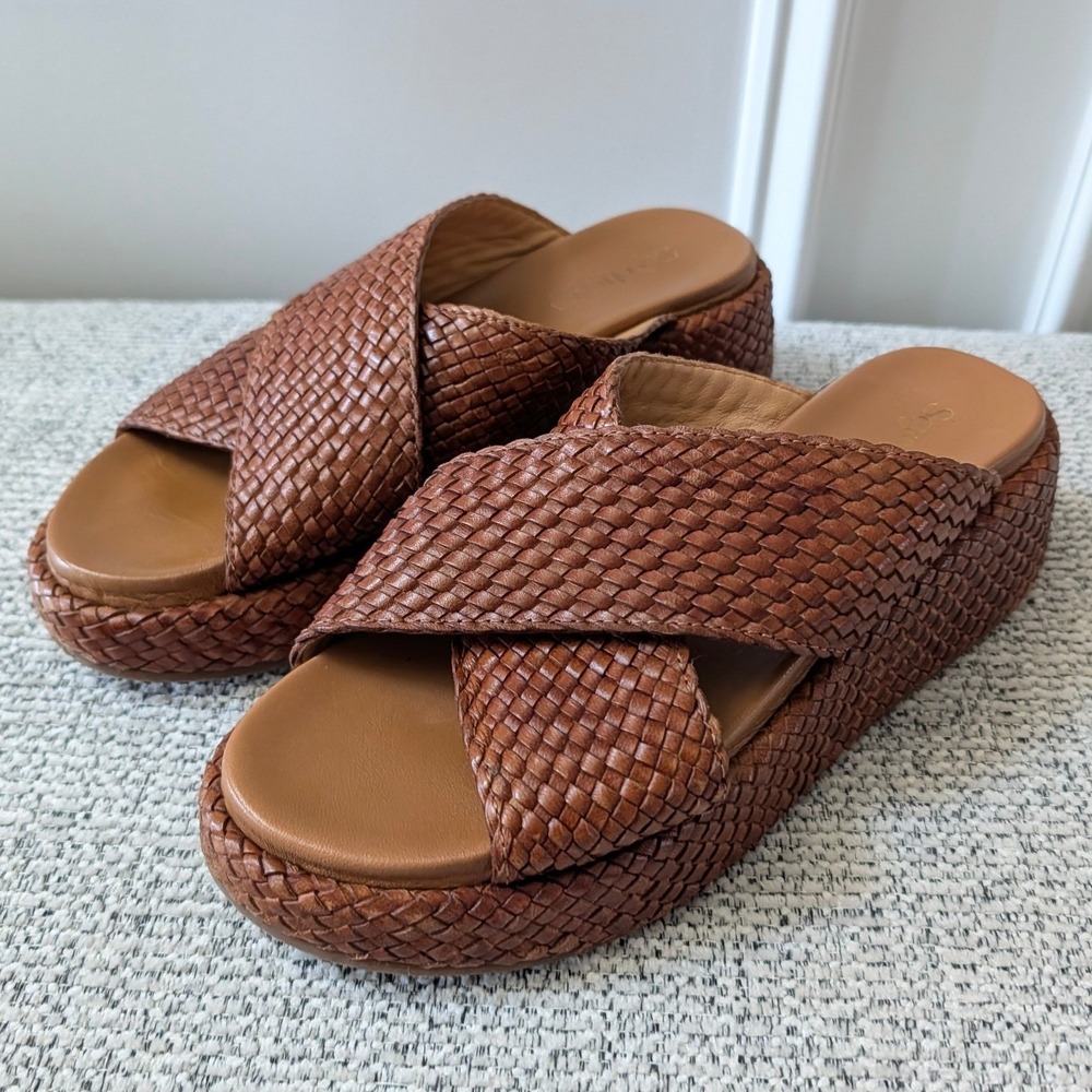 Seychelles Woven Leather Platform Sandals Brown Criss Cross Slide Womens 7.5